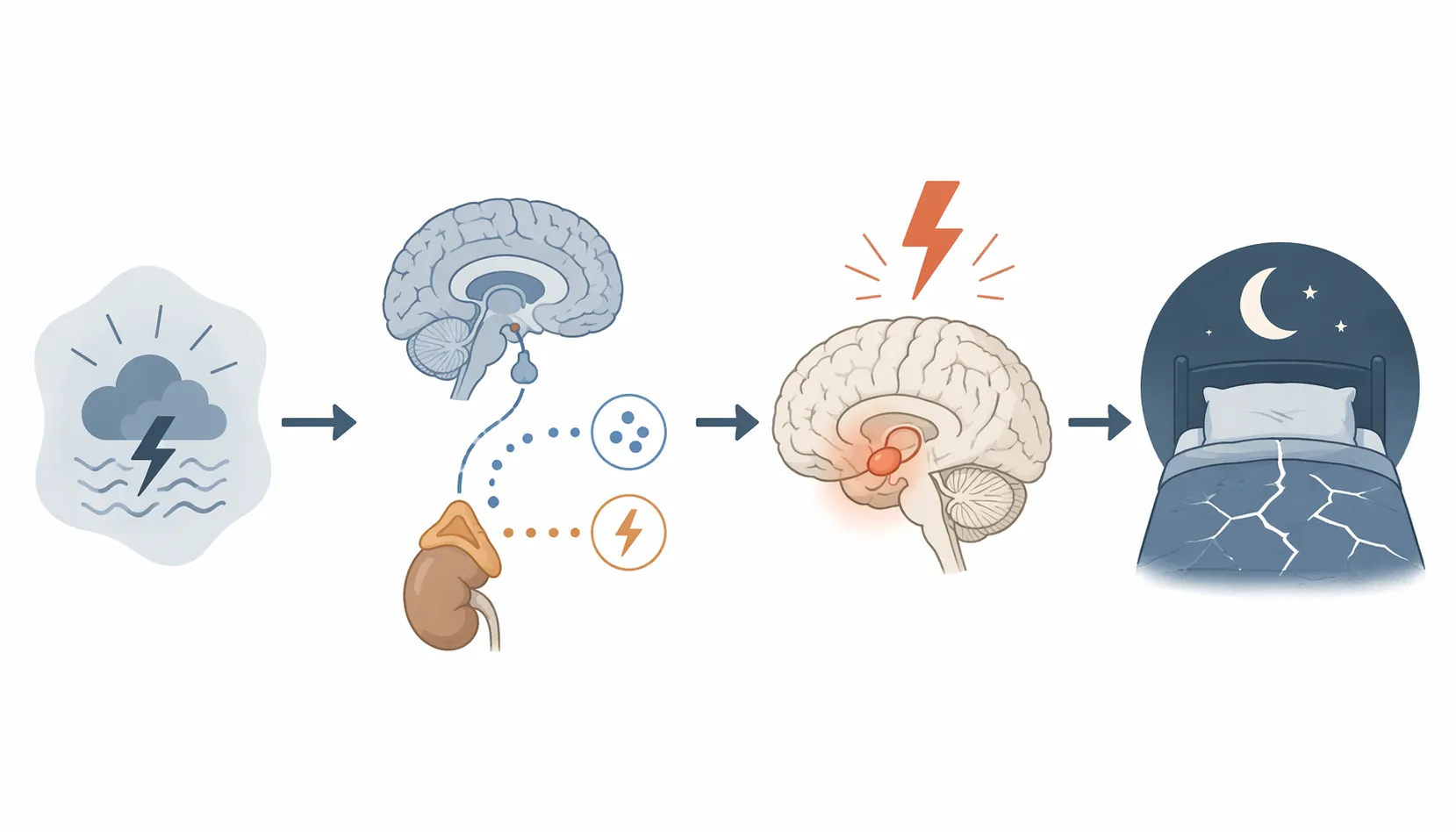 Diagram of the cascade from external stress through HPA-axis activation, cortisol, adrenaline, amygdala hyperarousal, and disrupted sleep