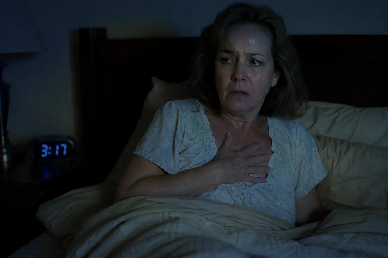 Woman sitting upright in bed at 3:17 a.m. with one hand on her chest