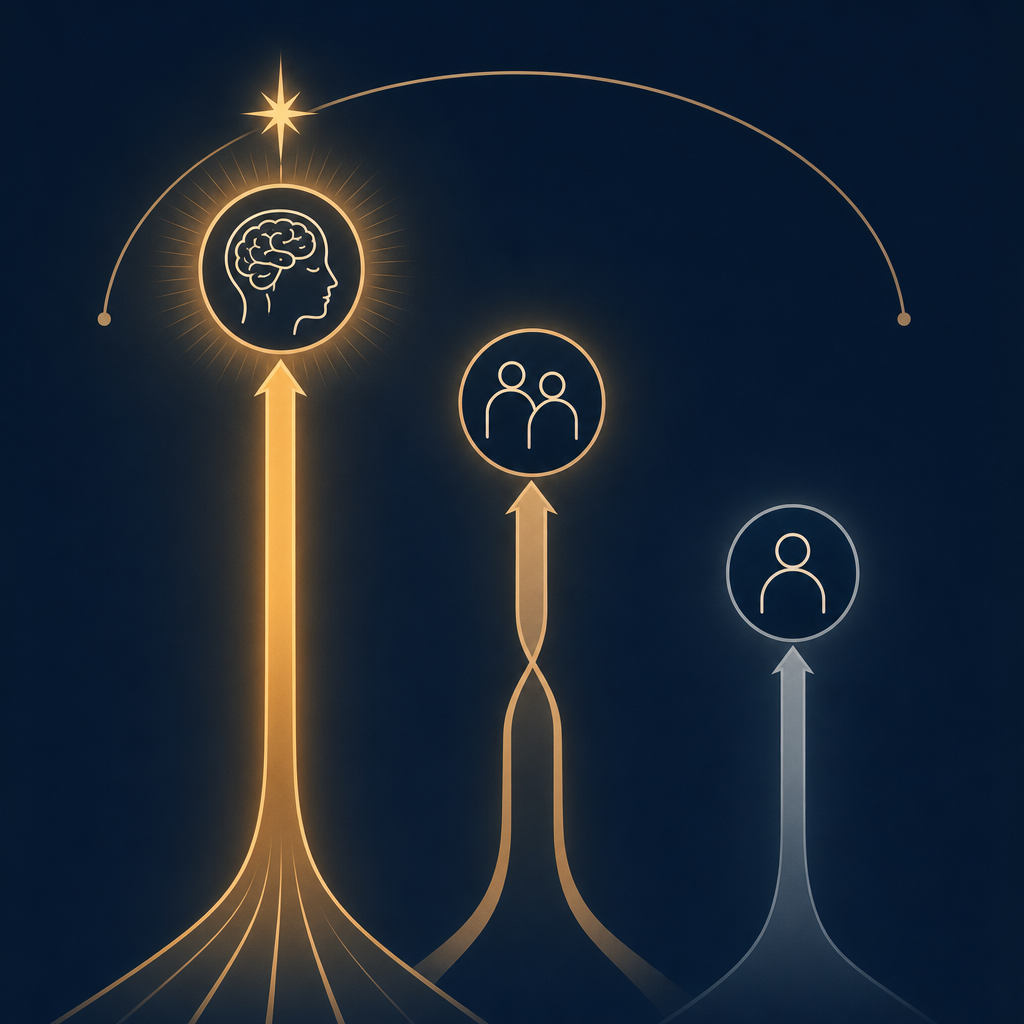 Editorial diagram on navy background showing three vertical columns of different heights representing long-term remission rates: tallest amber column for CBT-I alone, medium combined column, shortest muted column for medication alone