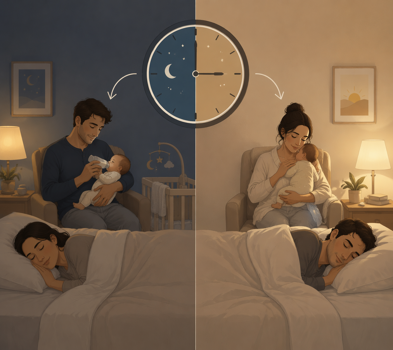Illustration of two parents alternating overnight baby care shifts while one parent sleeps undisturbed