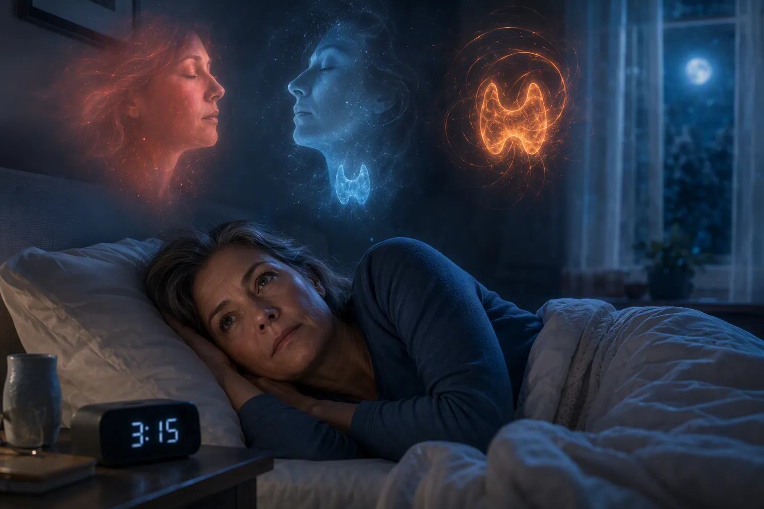 A middle-aged woman awake at 3:15 AM with visual cues for perimenopause, undertreated thyroid, and overtreatment