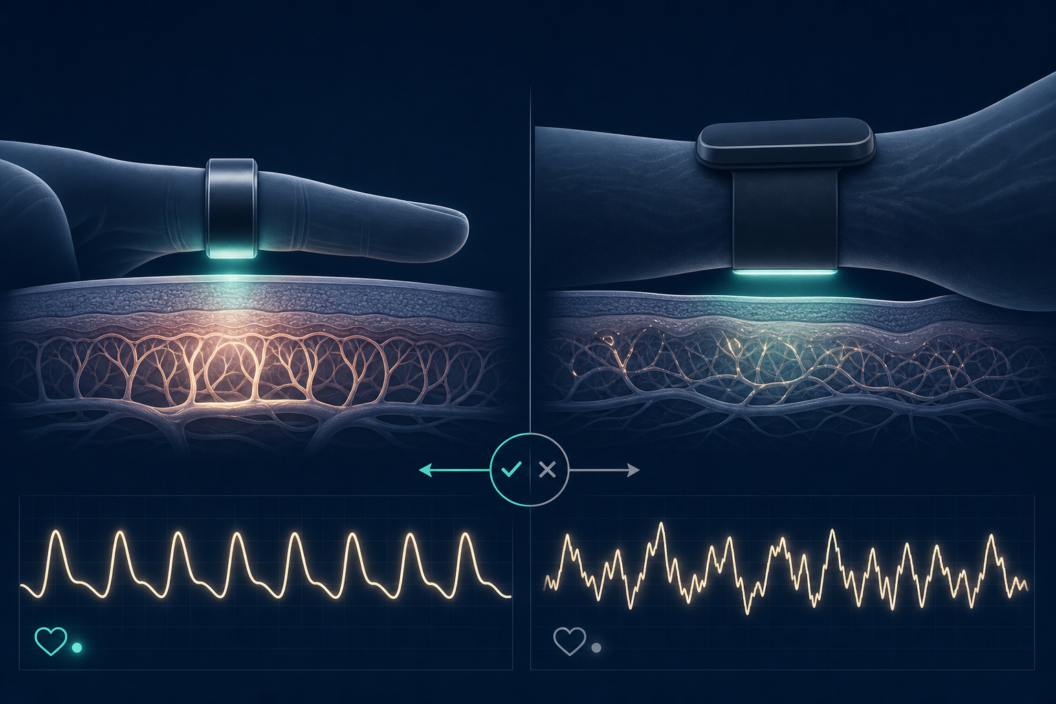 A diagram comparing PPG signal quality from a finger ring sensor versus a wrist-worn sensor, showing smoother signal lines from the finger placement.