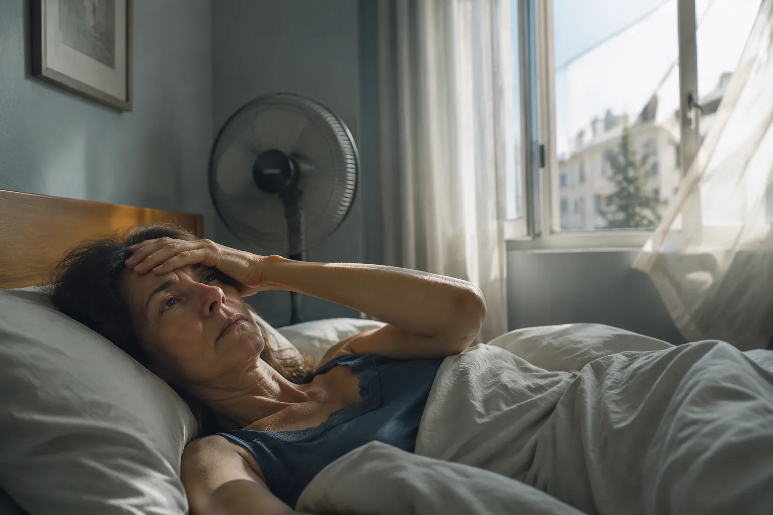 A tired middle-aged woman lies awake in a cool bedroom with an open window and fan running