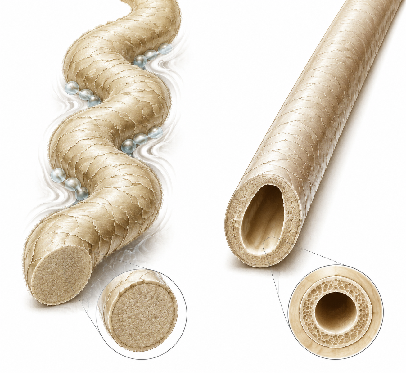 Illustration comparing crimped solid merino fiber with hollow alpaca fiber