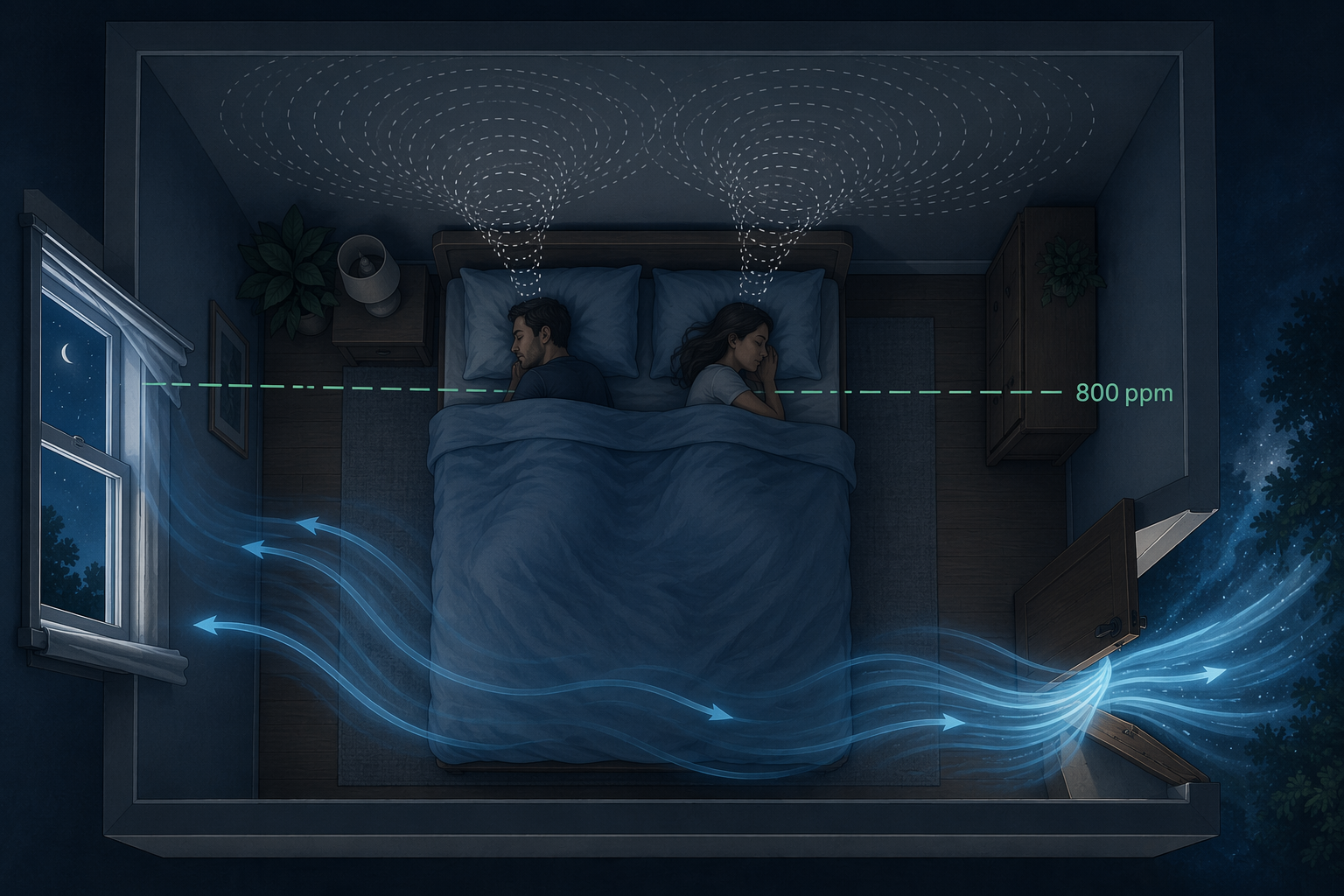 Illustration of two sleeping people in a bedroom with exhaled CO2 accumulating and fresh air entering through a slightly open door