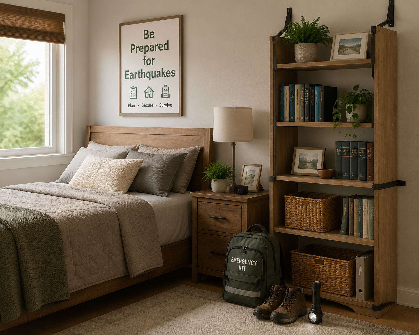 An organized bedroom with an anchored bookshelf, emergency kit, shoes, and flashlight near the bed