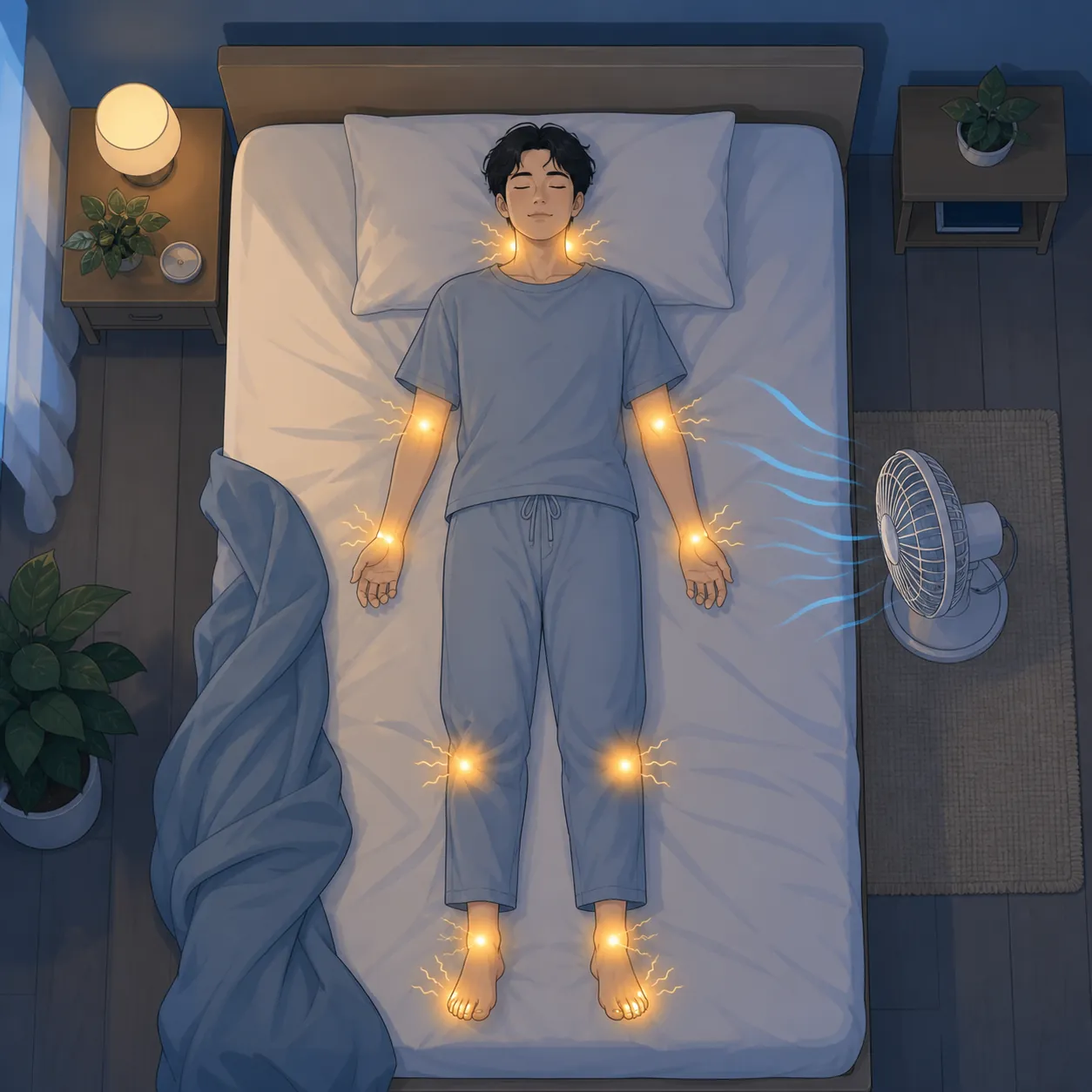 Top-down view of cooling points at the wrists, neck, knees, elbows, feet, and ankles with fan airflow