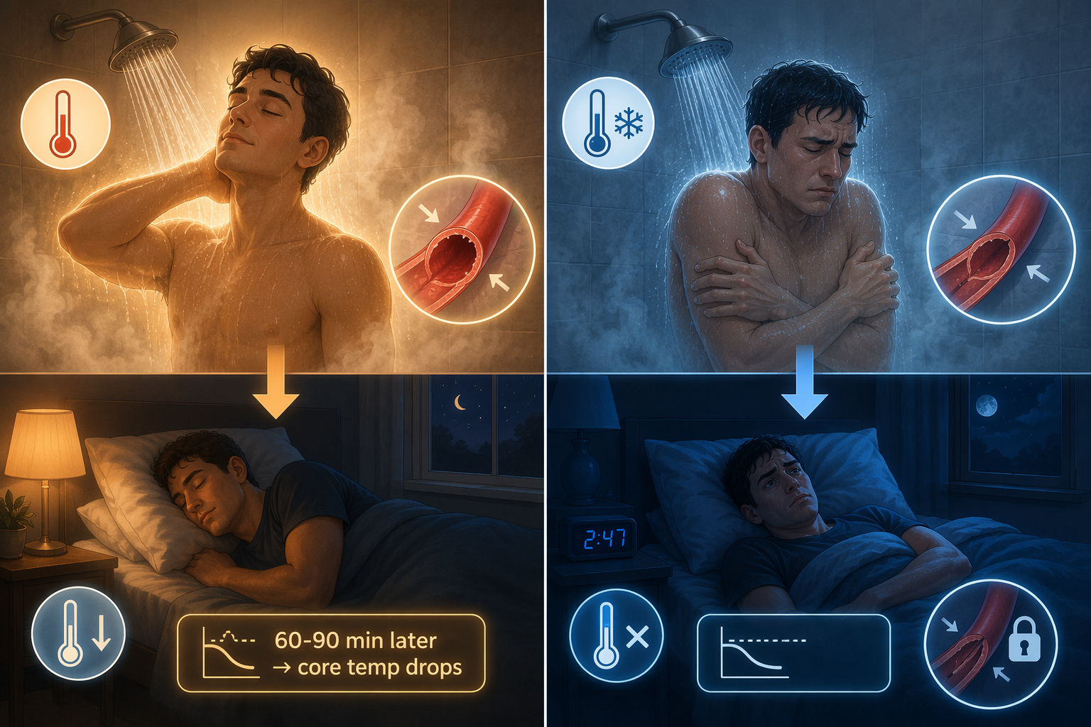 An editorial comparison of warm shower and cold shower effects before sleep, with warm shower leading toward restful sleep and cold shower toward restless sleep.