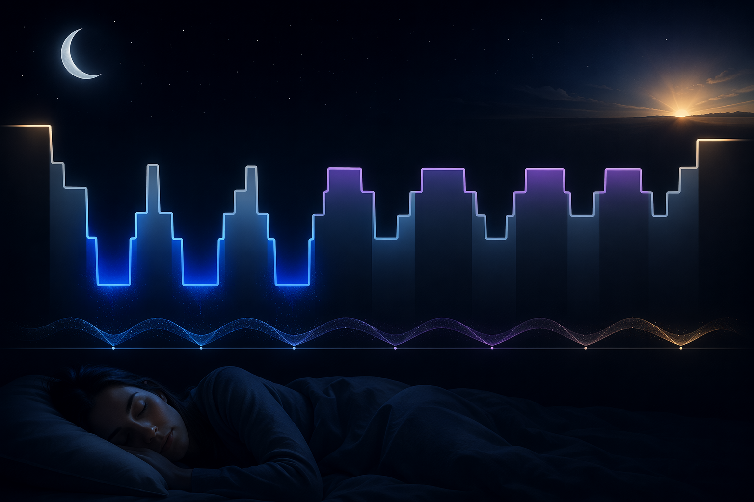 A full night of sleep architecture with deep NREM slow-wave sleep highlighted most heavily in the first half of the night