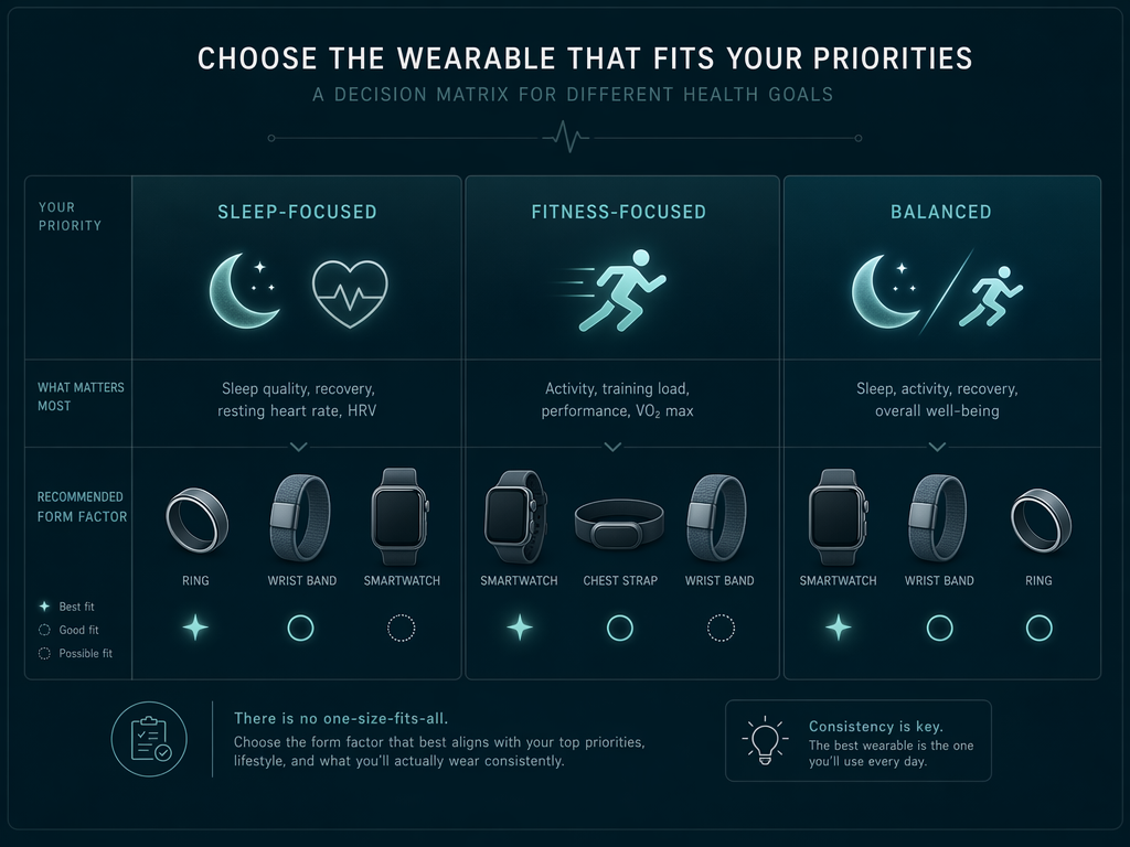 A decision matrix visual on a dark teal background showing three reader priority paths: 'Sleep-Focused' with moon and heart rate icons, 'Fitness-Focused' with a running figure icon, and 'Balanced' with a combined sleep and activity icon. Minimal iconography below each heading representing recommended wearable form factors. Clean grid layout with slate blue tones. Editorial health publication style.