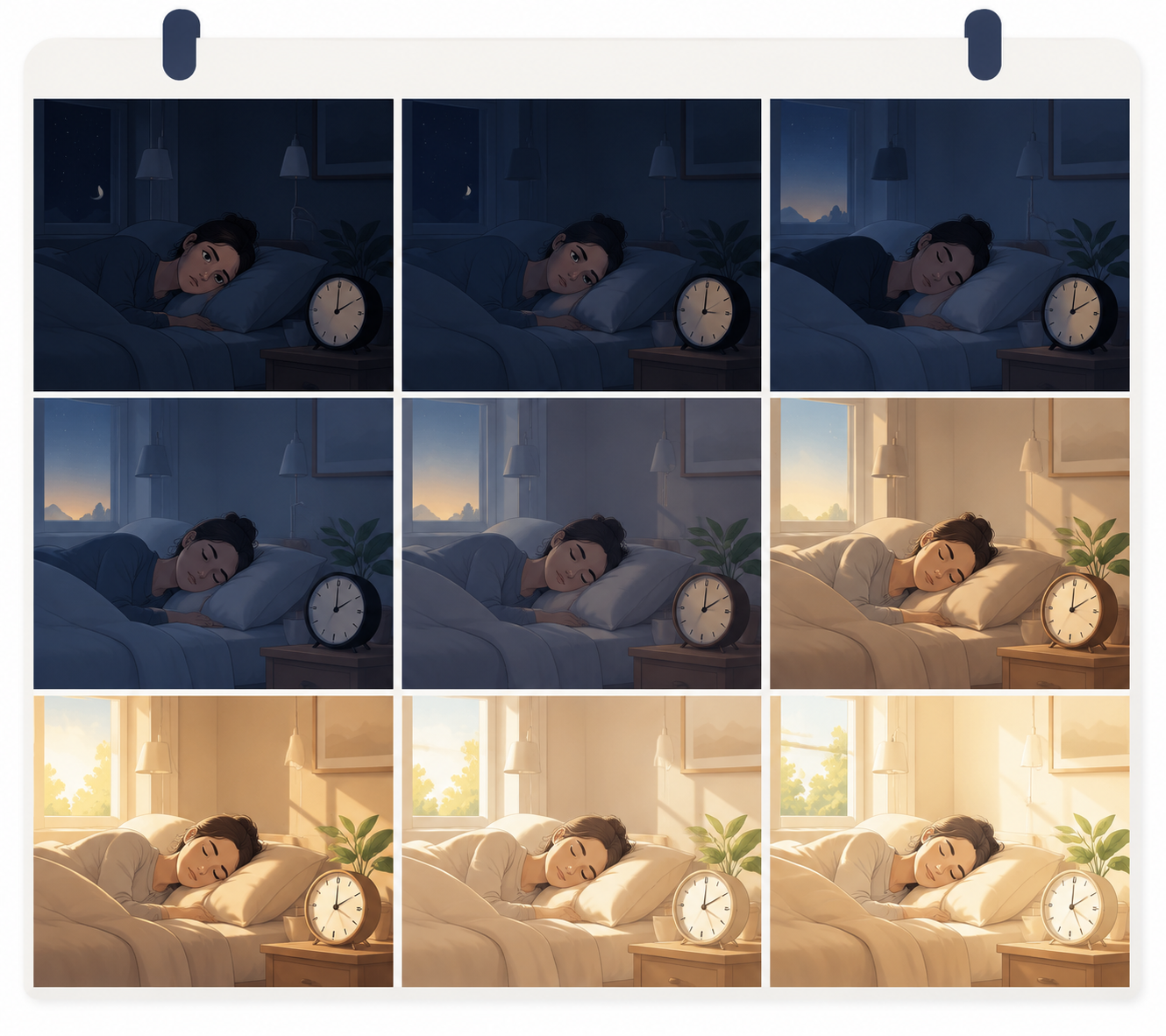 Calendar grid showing tired nights gradually transitioning into brighter, more rested mornings across about nine days