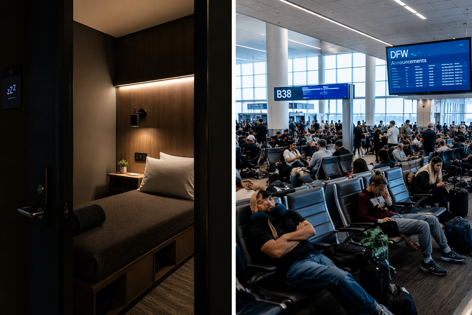 Split image of a private sleep room beside a bright terminal seating area.
