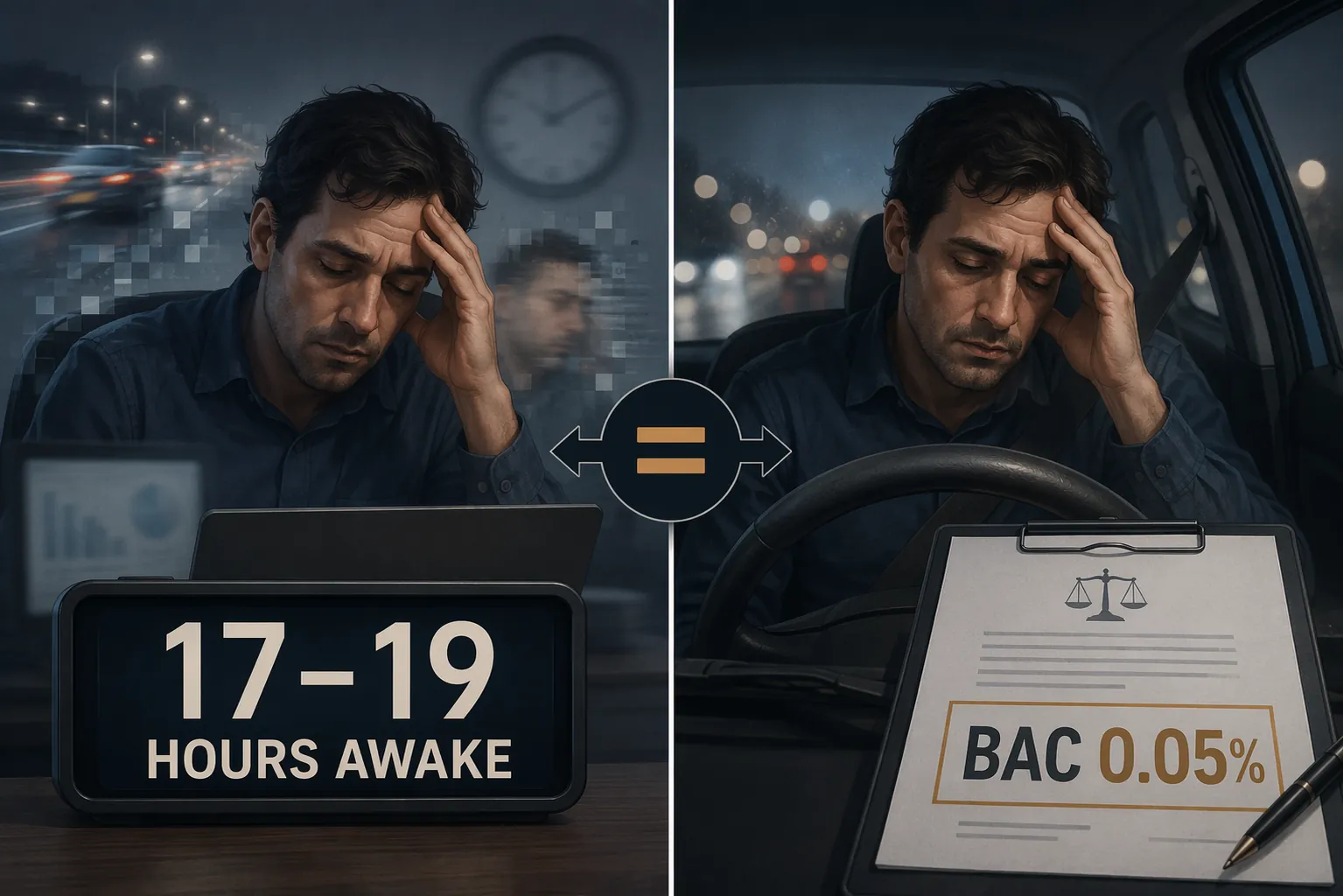Comparison showing 17 to 19 hours awake equaling impairment similar to a BAC of 0.05%