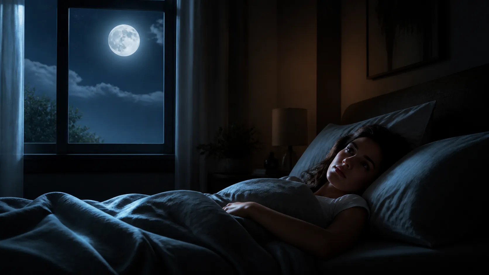 Dim bedroom at night with full moonlight through the window and a restless person lying awake