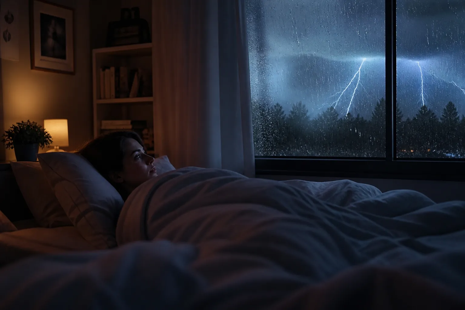 A person awake in bed during a nighttime thunderstorm