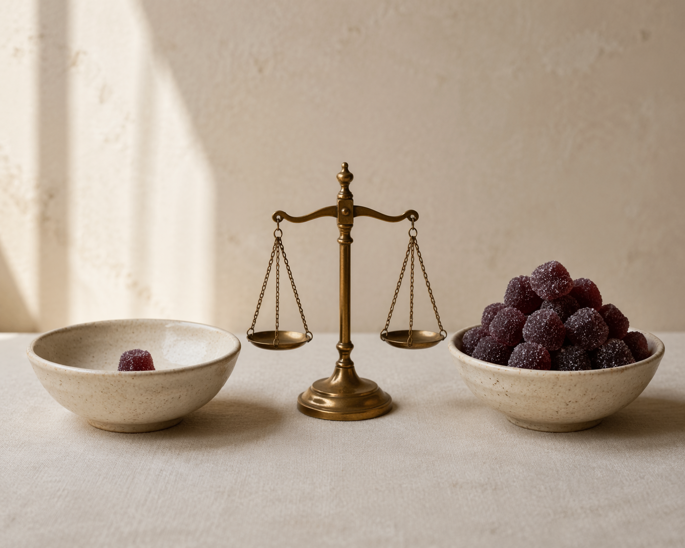 A single gummy and a pile of gummies shown beside a small brass scale