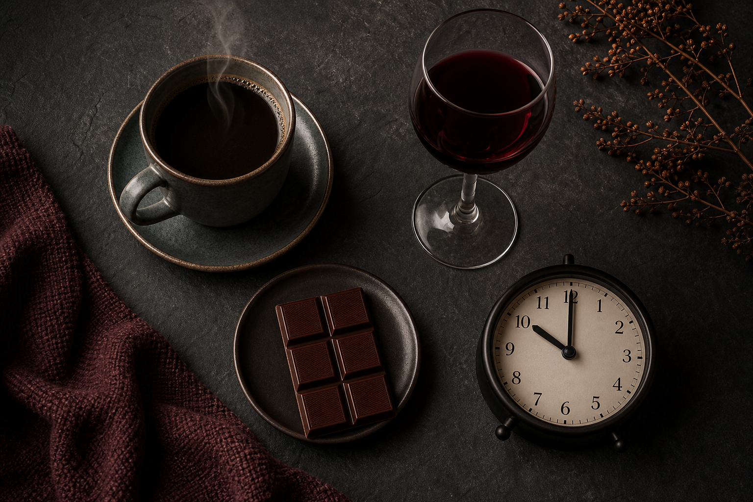 A dimly lit flat-lay on a dark slate surface showing items to avoid near bedtime: a steaming coffee cup, a glass of red wine, a dark chocolate bar, and a clock showing 10 PM.