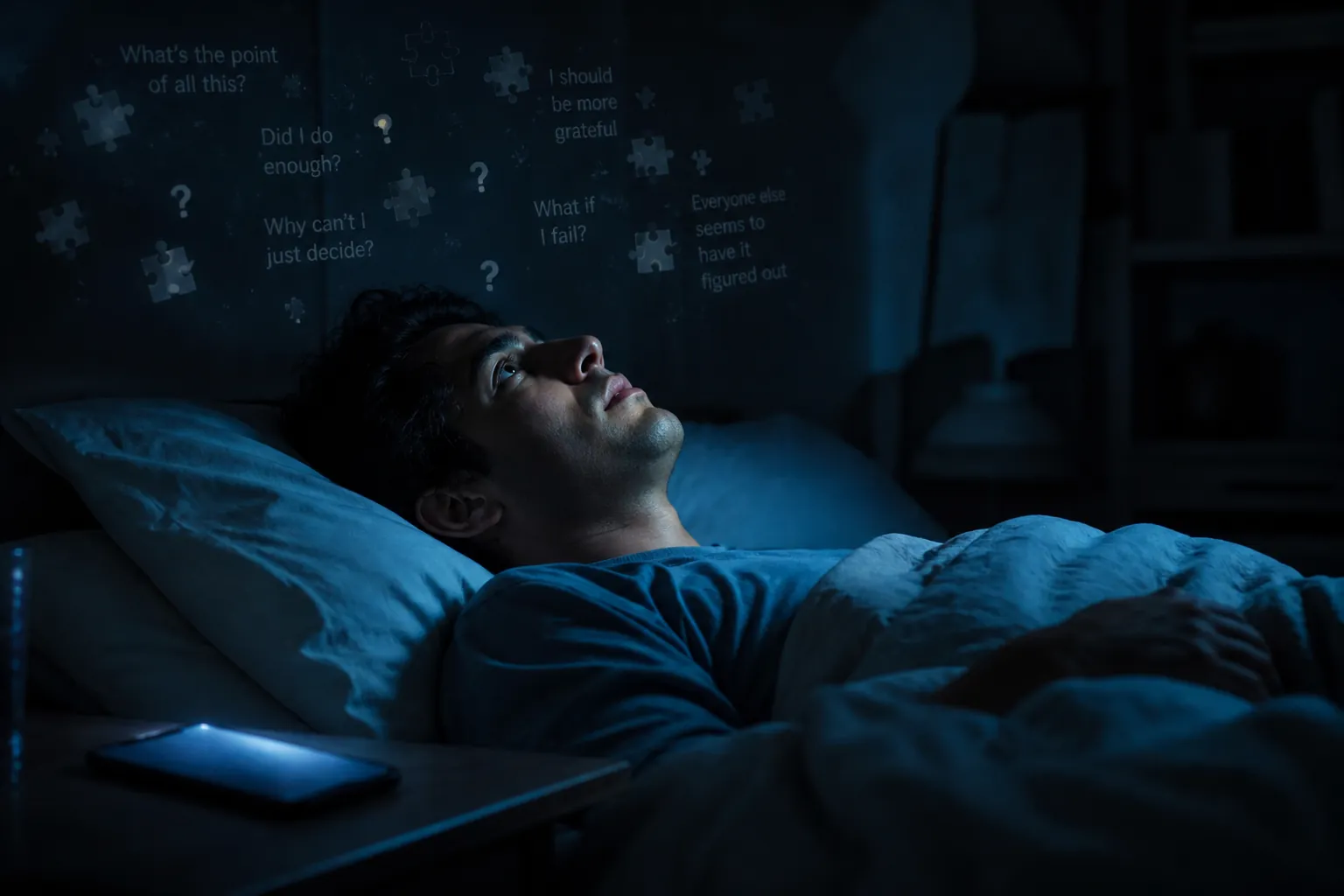 A person lying awake beside a phone in a dark bedroom while thought fragments suggest nighttime rumination