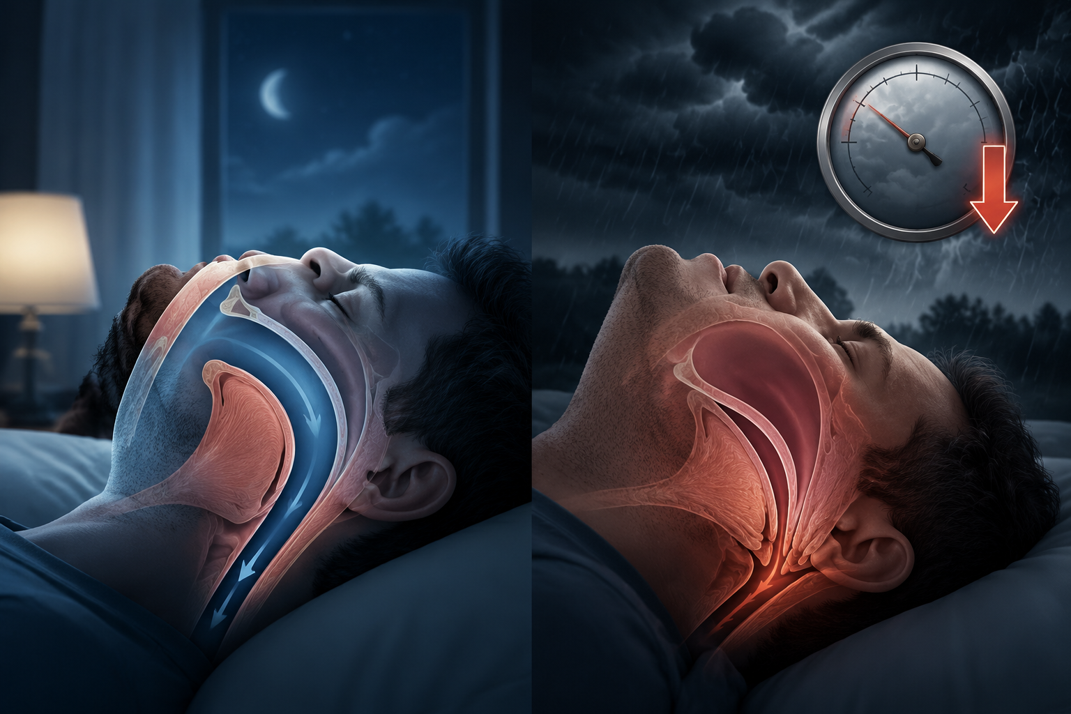 Split view of an upper airway open under stable pressure and narrowed beside a falling barometer during storm conditions