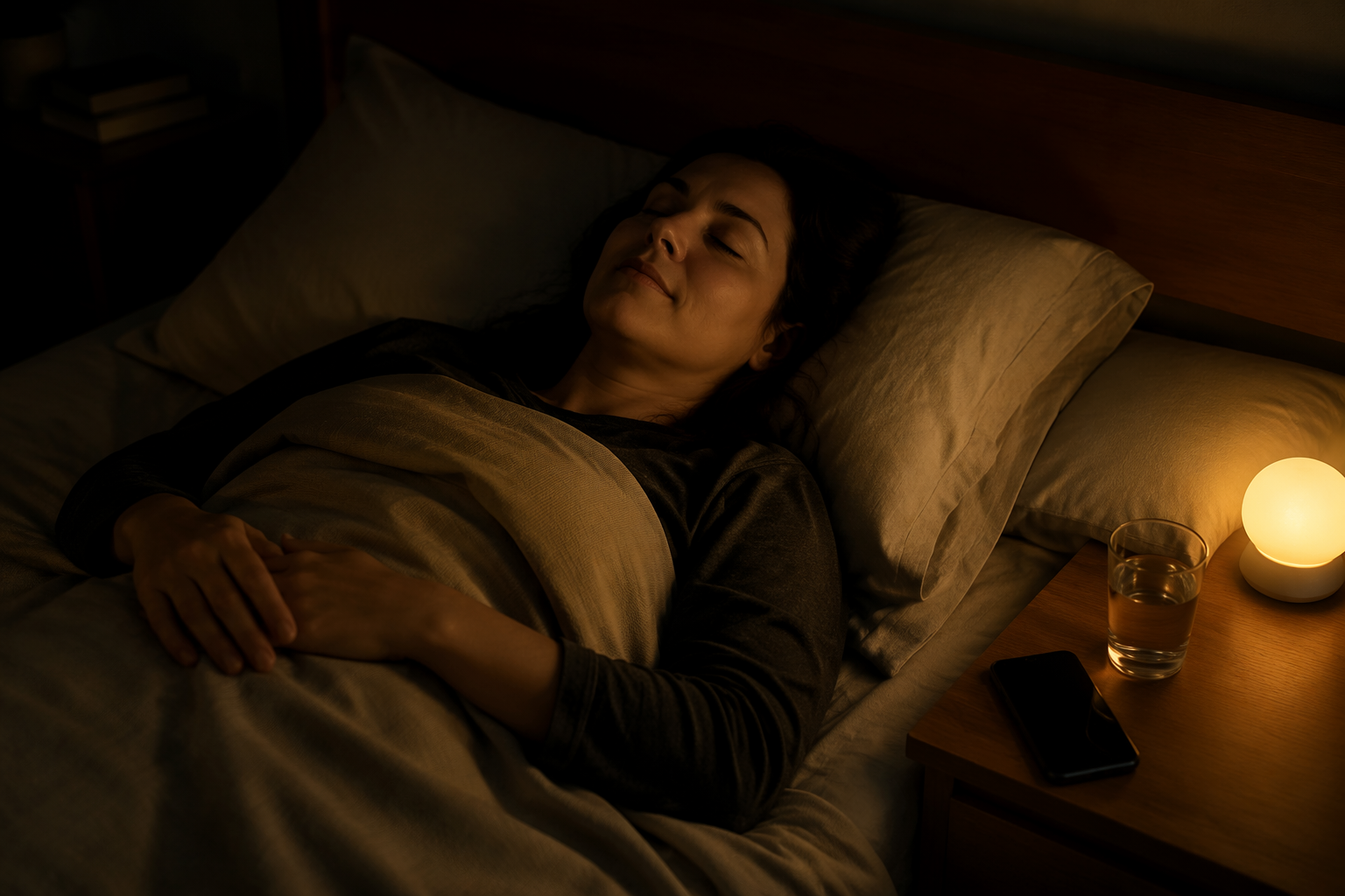Dim bedroom with a warm nightlight, phone and water on the nightstand, and a person resting under a light blanket