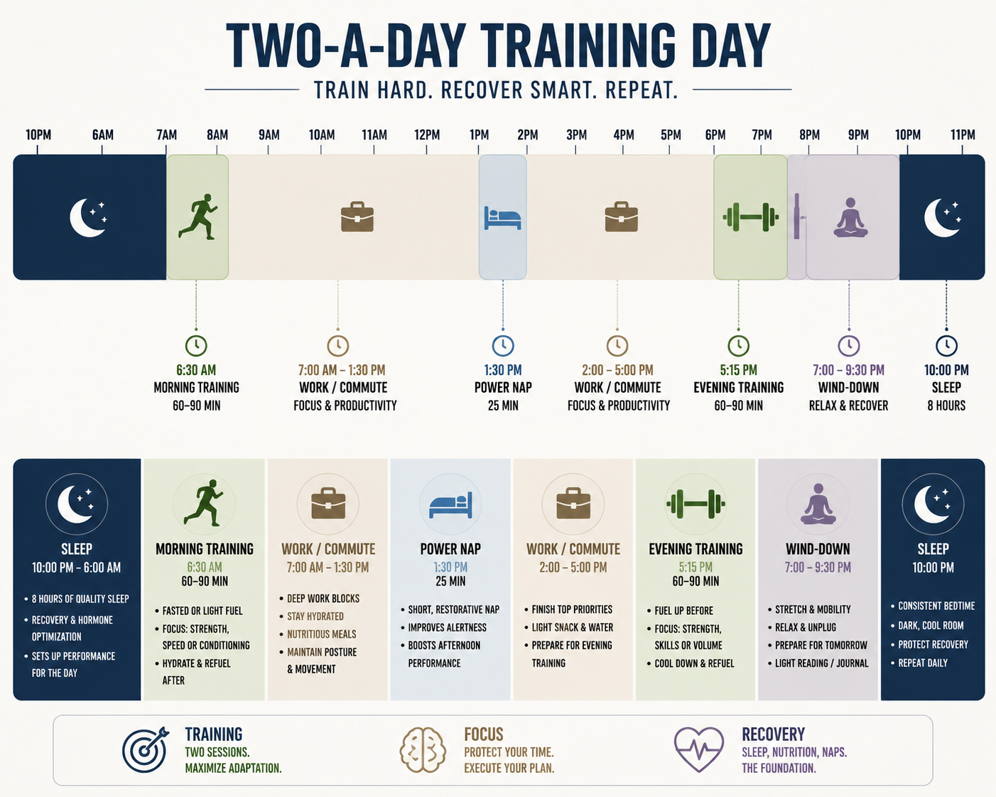 Daily schedule infographic showing sleep, morning training, work, a short afternoon nap, evening training, wind-down, and bedtime