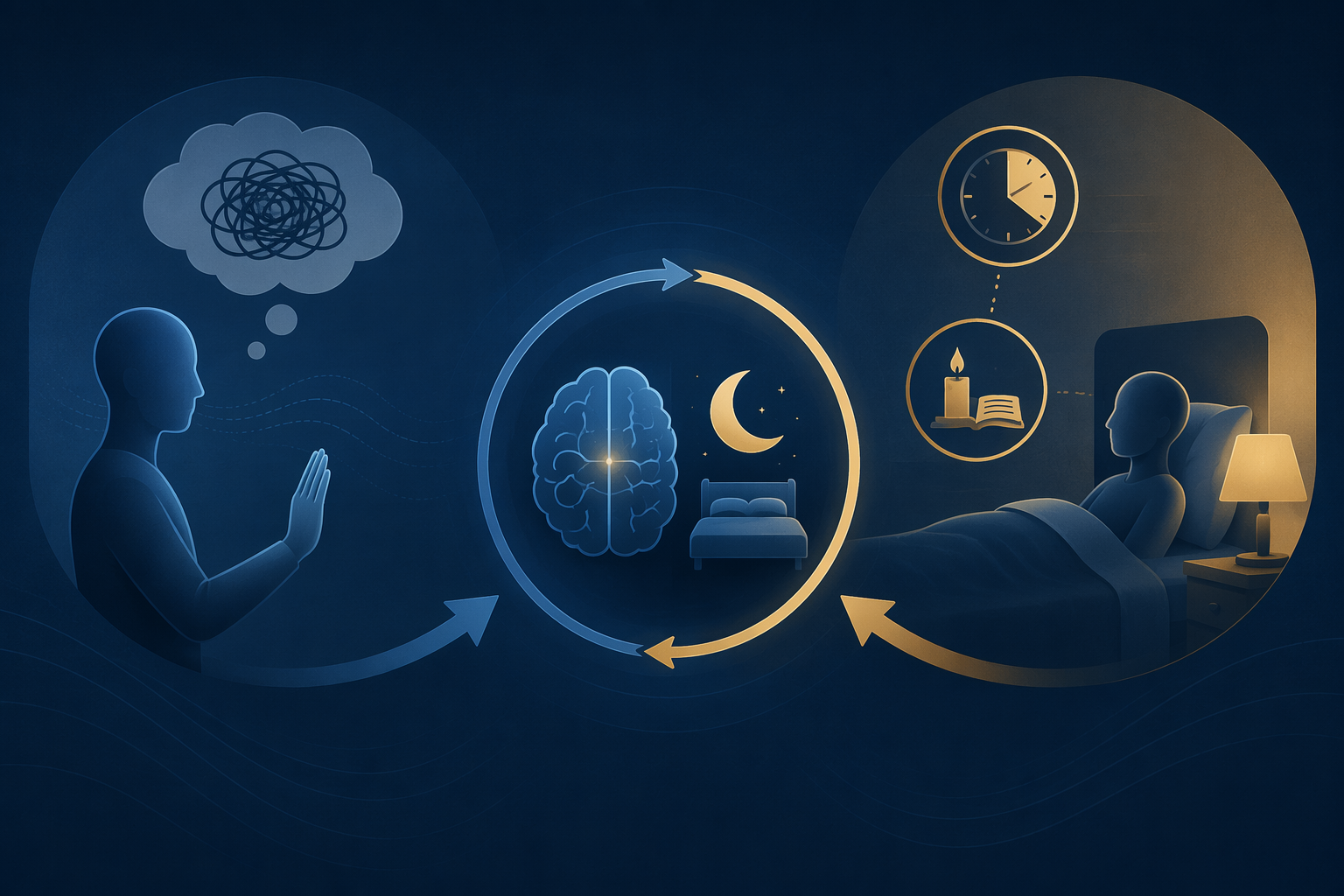 A conceptual visual of ERP and structured insomnia treatment converging on a calmer sleep and OCD cycle