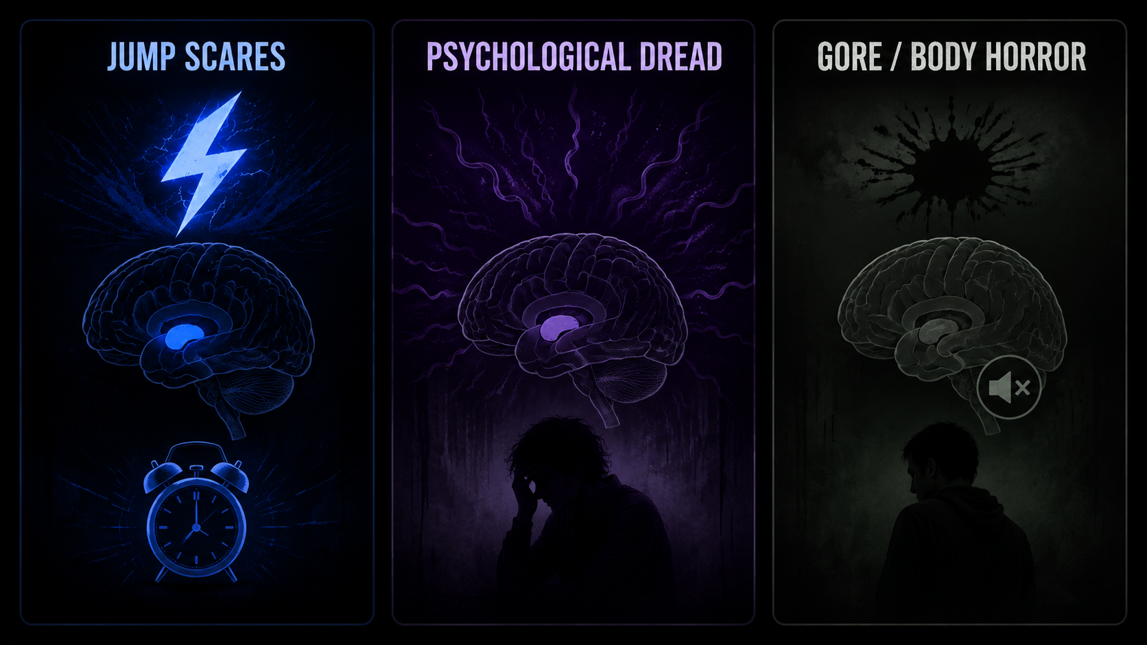 Three-panel comparison of jump scares, psychological dread, and gore or body horror effects on the brain