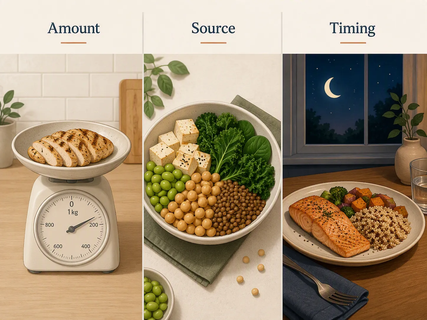 Diagram showing protein amount, plant-forward source, and evening timing with carbohydrate