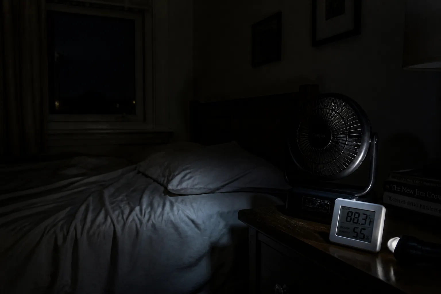 Dim bedroom during a power outage with a battery fan and a thermometer showing high heat