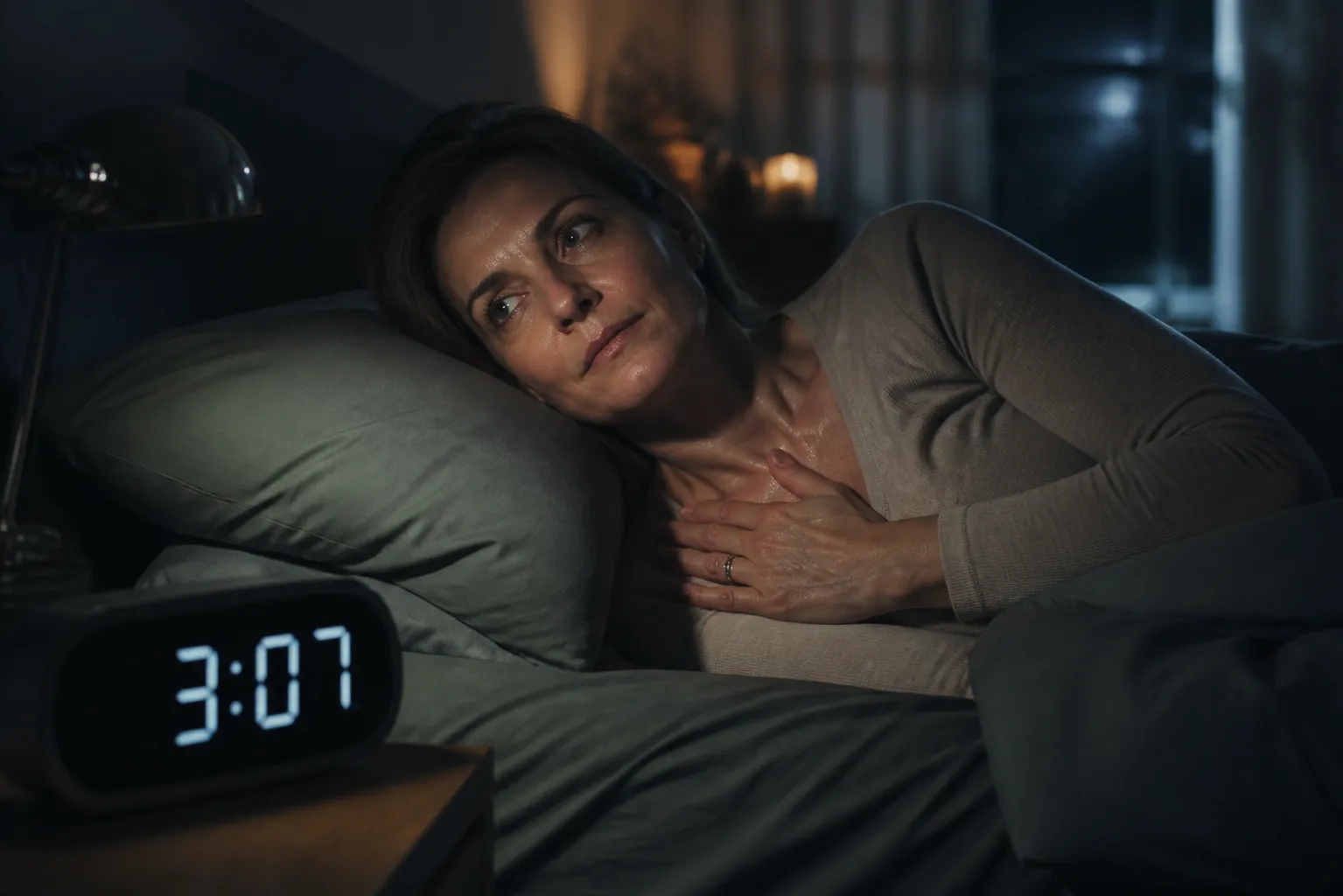 Perimenopausal woman awake around 3 AM with a hand near her chest and slight perspiration