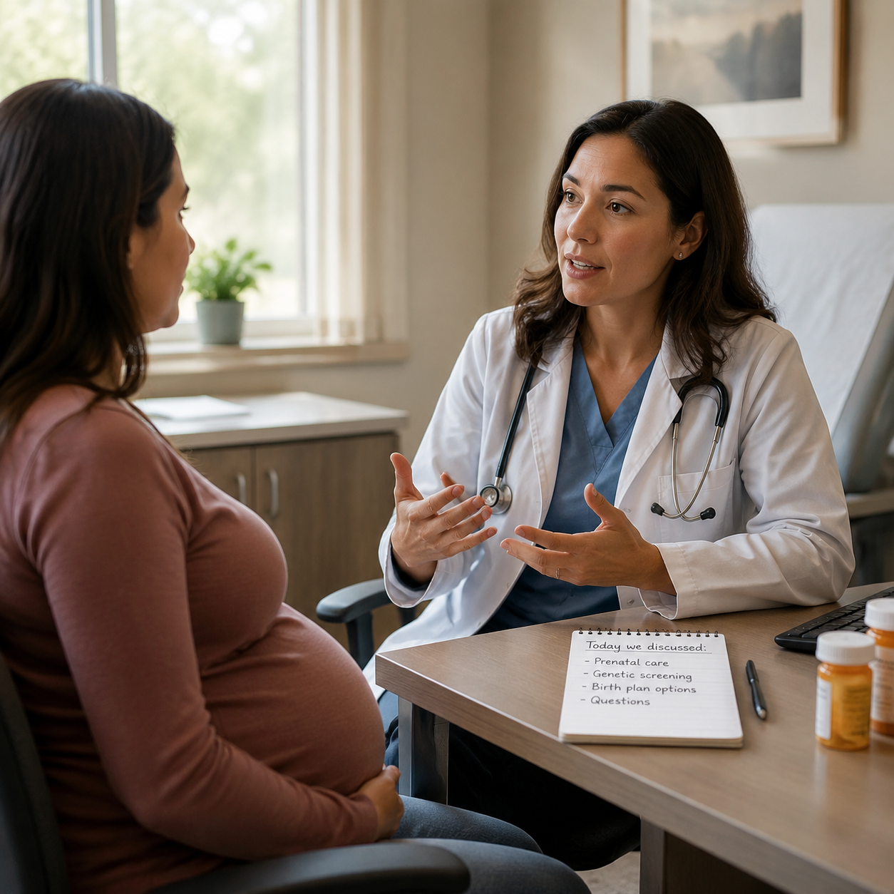 Pregnant woman discussing sleep aid options with an OB-GYN in an exam room