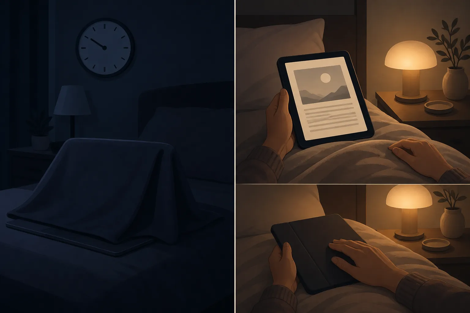 Side-by-side illustration comparing a strict no-devices evening with a targeted screen-boundary approach