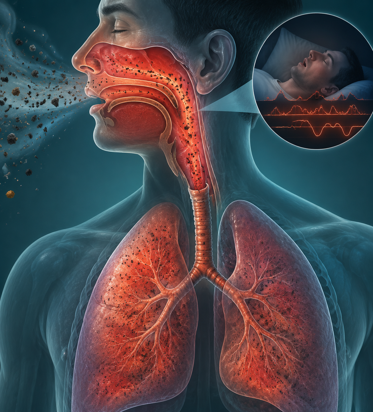 Particulate matter entering inflamed nasal passages, throat, airways, and lungs