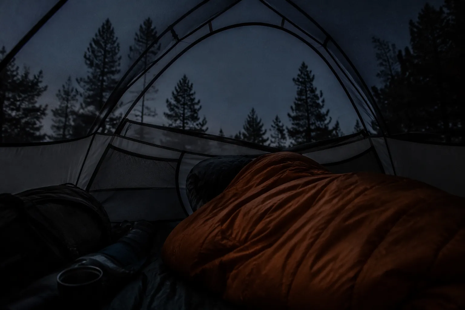 A person lying awake in a tent at night in a northern pine forest