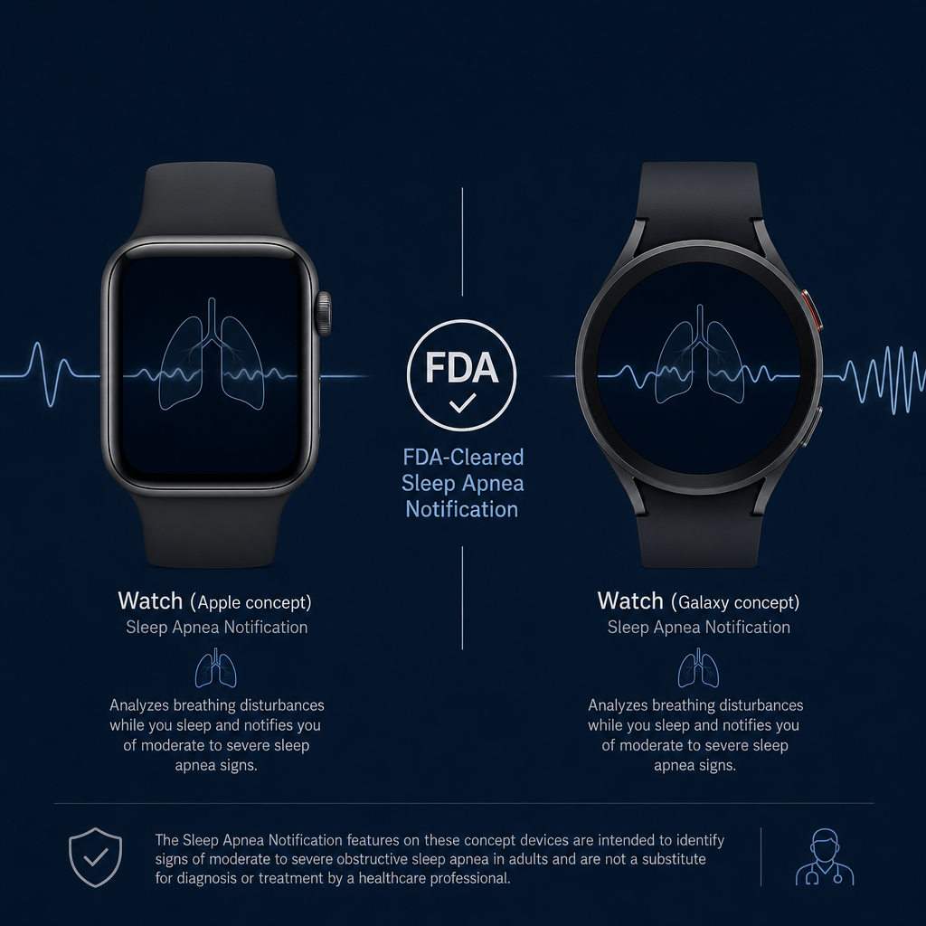 Two watch silhouettes side by side on a dark navy background with an FDA-cleared sleep apnea notification badge between them, each watch showing a subtle breathing waveform.