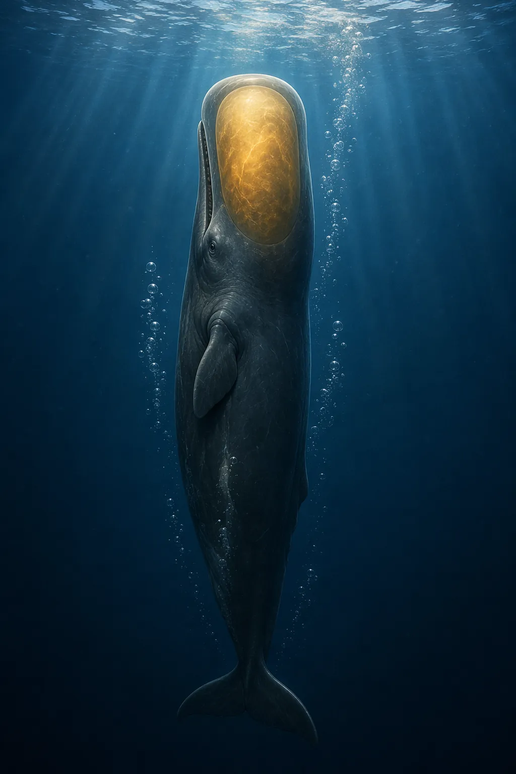 A sperm whale suspended vertically with bubbles rising and its spermaceti organ highlighted