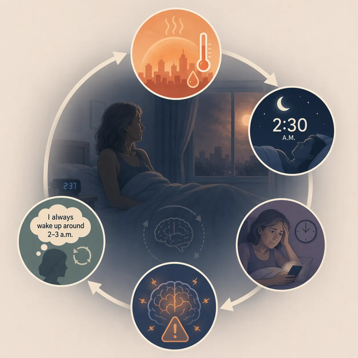 Circular diagram of the conditioned insomnia cycle linking heat dome night sweats, 2 to 3 a.m. waking, frustration, hyperarousal, and learned expectation.