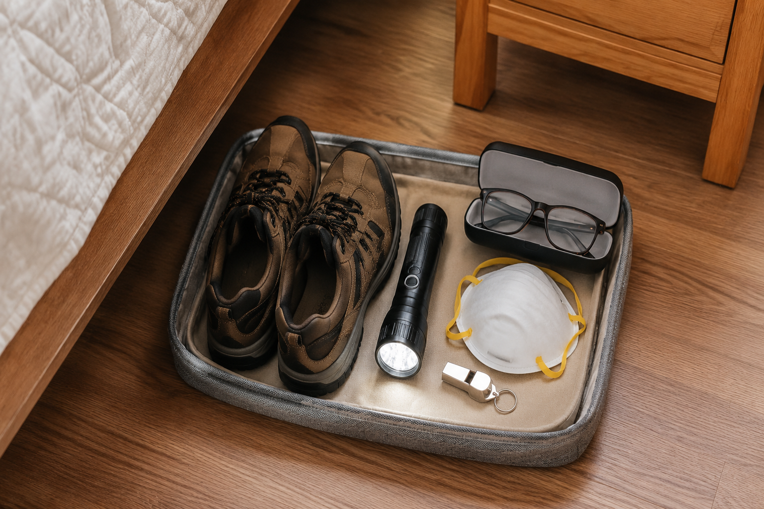 Bedside emergency kit with sturdy shoes, flashlight, glasses, dust mask, and whistle in a fabric pouch