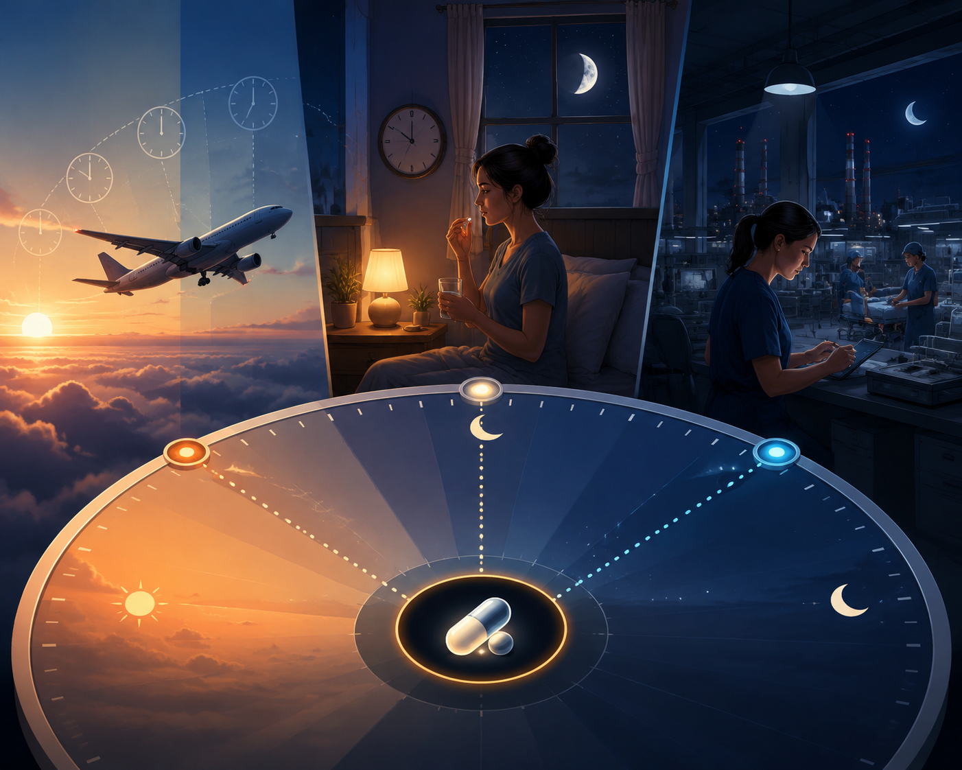 Timeline-like scene linking travel, an evening bedroom, and a night-shift work setting