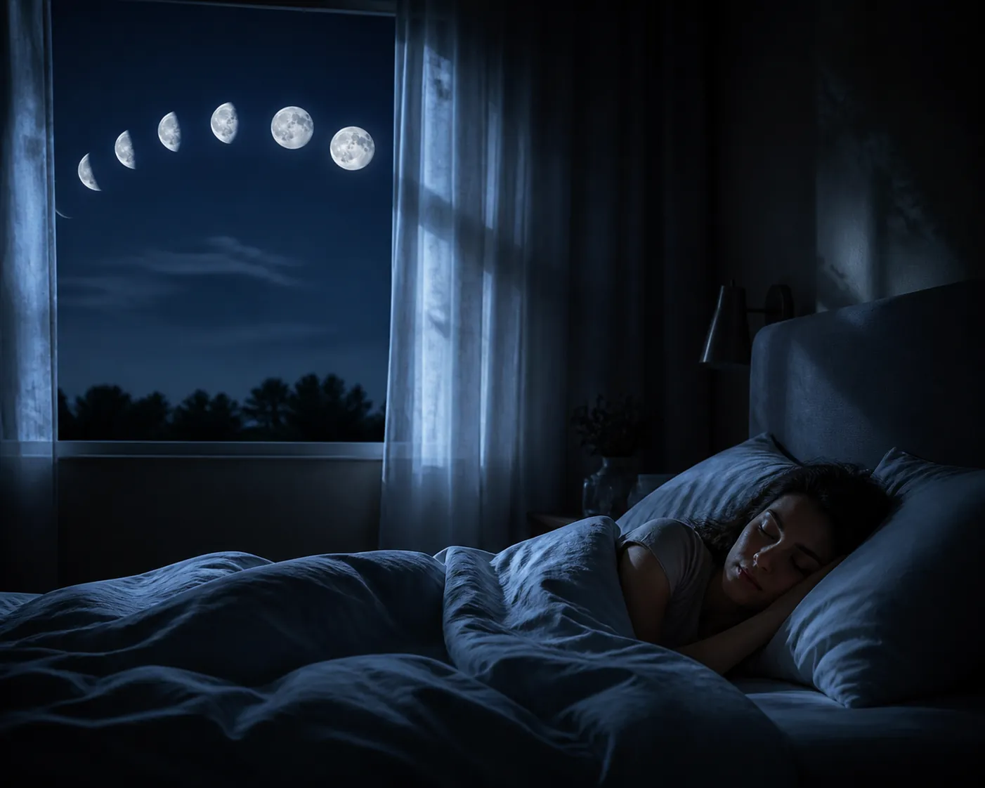 Bedroom at night with moonlight through a window and a nearly full moon visible outside
