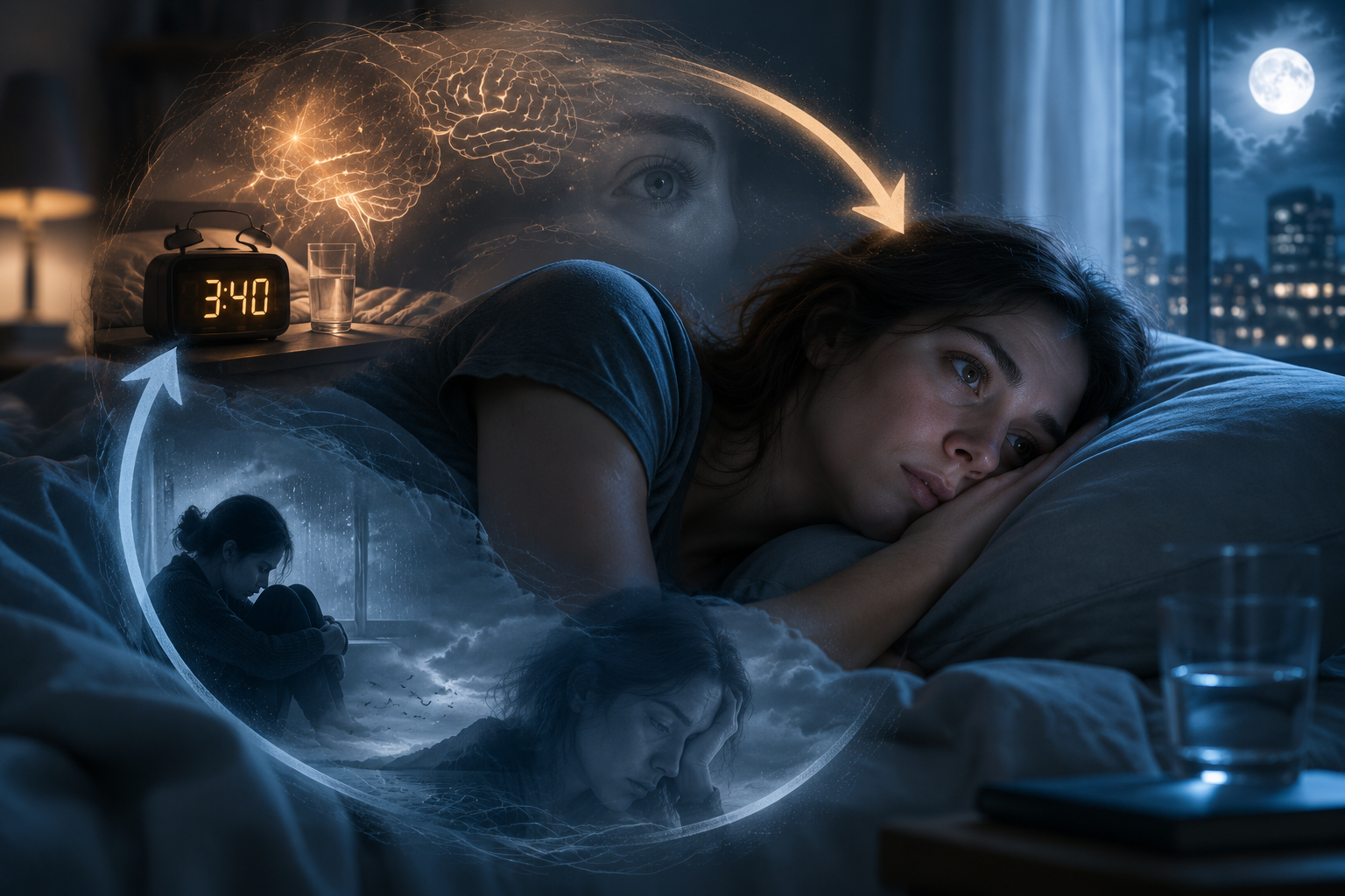 A person lying awake at night, surrounded by visual elements suggesting the cycle between insomnia and low mood