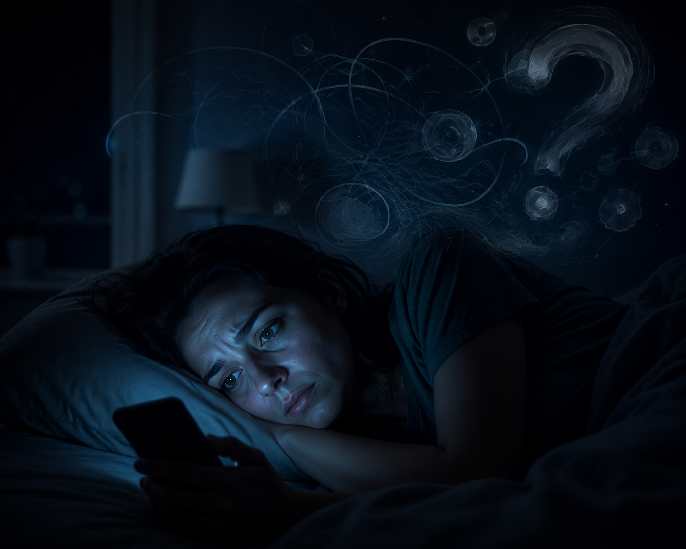 A person lies awake in a dark bedroom under blue phone light with abstract thought forms and a question mark above them