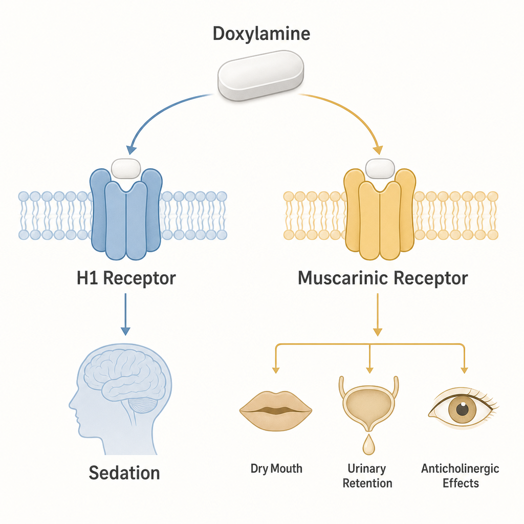 A two-column diagram showing doxylamine binding to H1 receptors leading to sedation, and to muscarinic receptors leading to dry mouth, urinary retention, and blurred vision.
