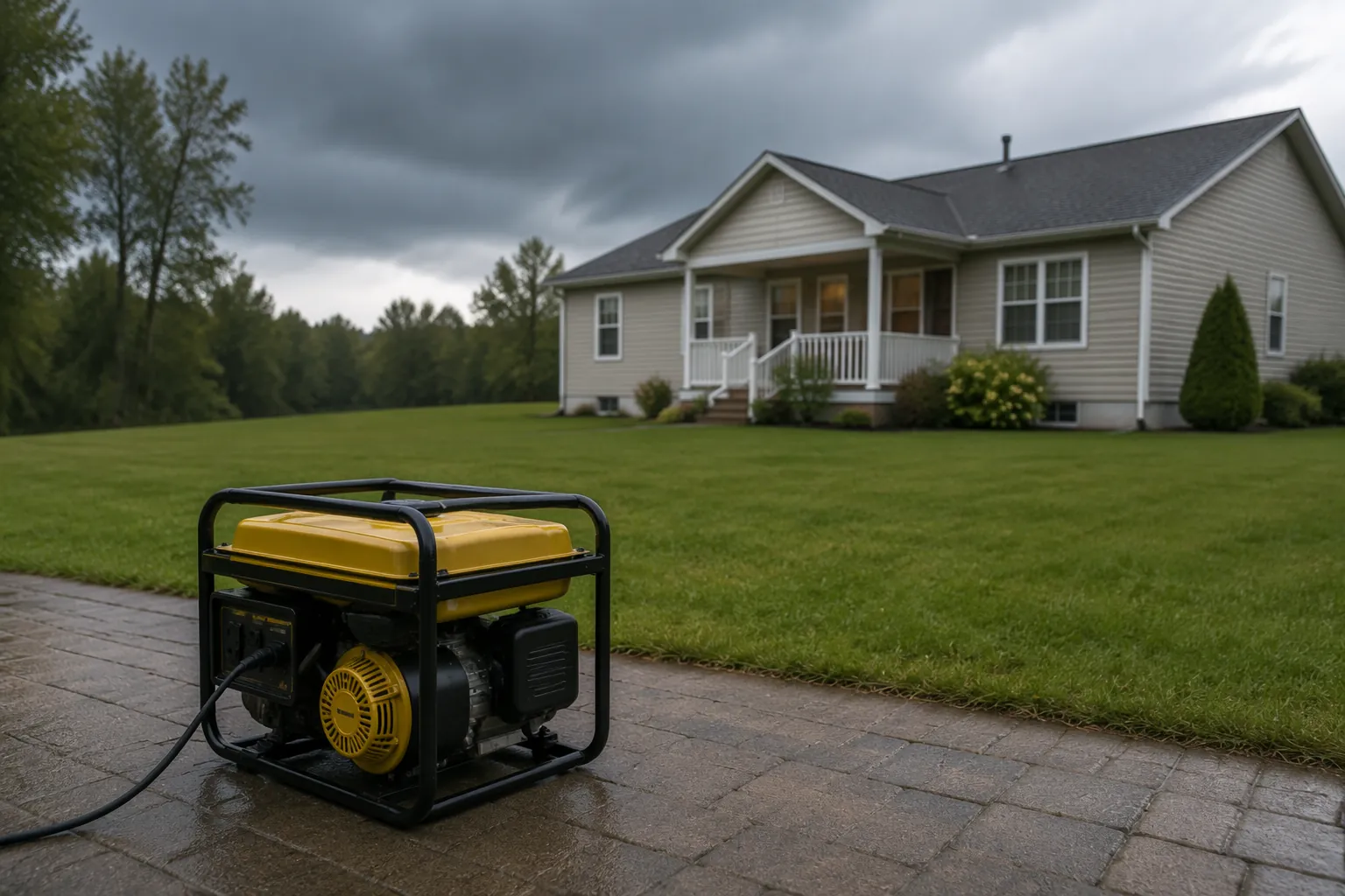 Portable generator placed outdoors on a lawn at a clear distance from a house with exhaust directed away from windows