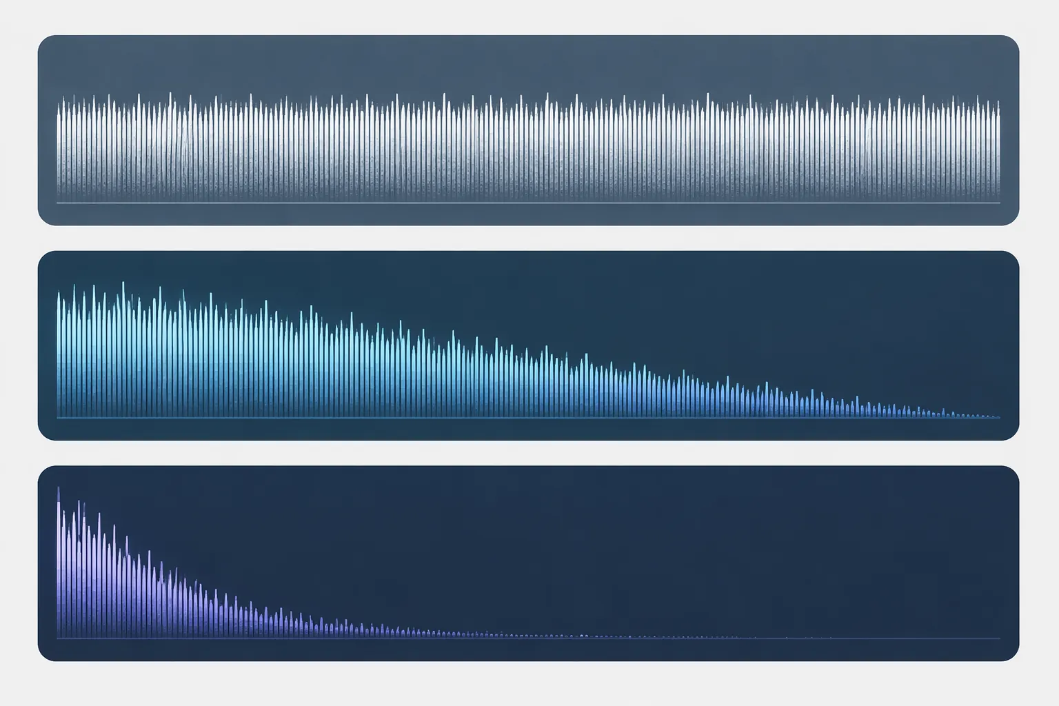 Comparison of white noise, pink noise, and brown noise sound spectrum patterns