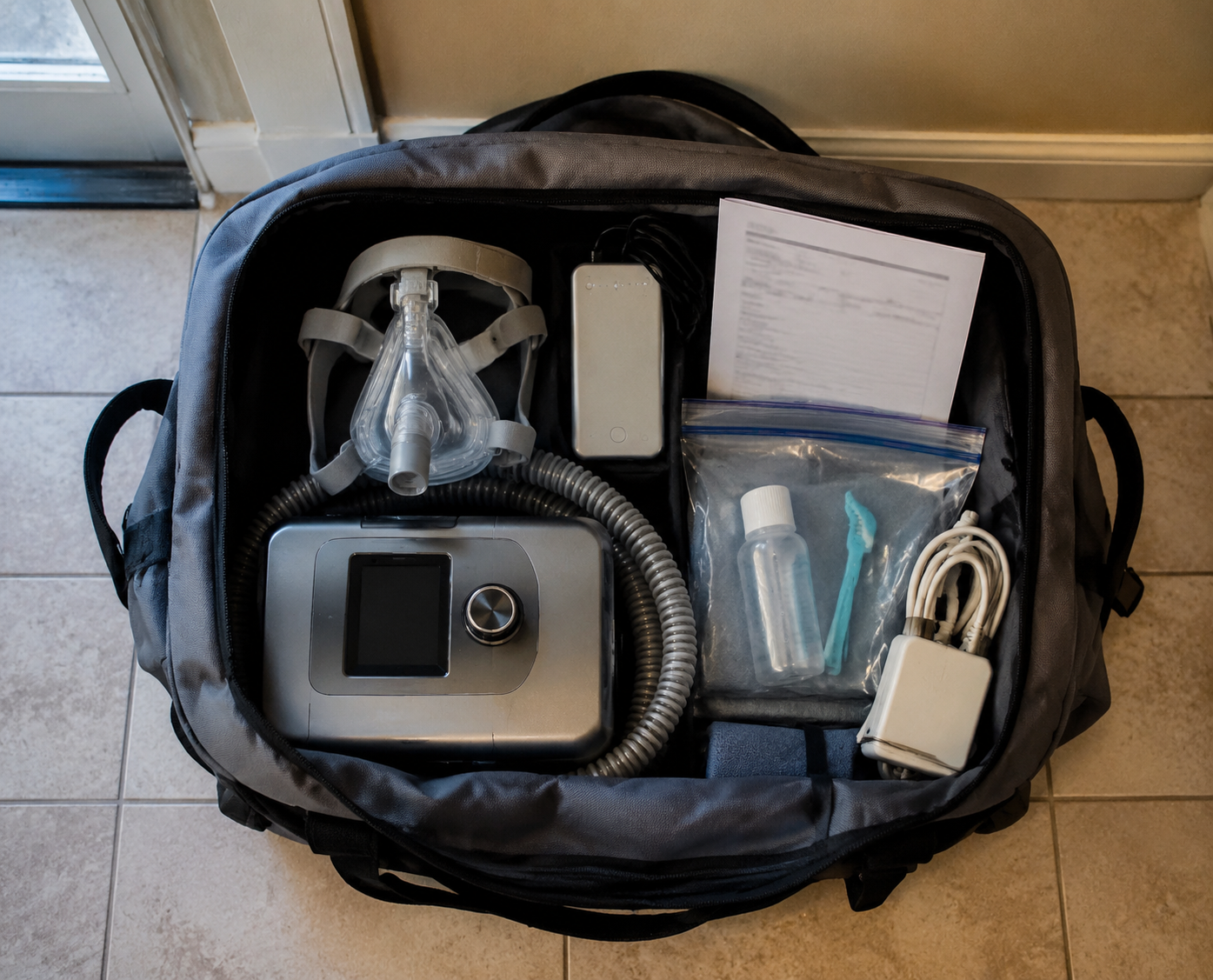 Open evacuation bag packed with CPAP machine, mask, tubing, battery pack, prescription document, cleaning kit, and phone charger