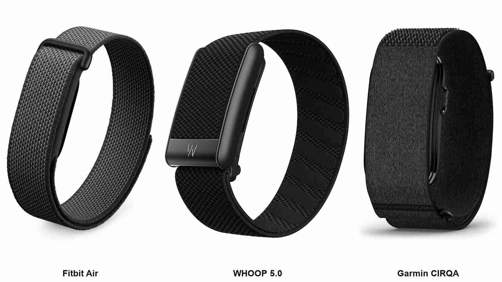 Garmin Cirqa, Whoop 5.0, and Fitbit Air screenless bands shown side by side