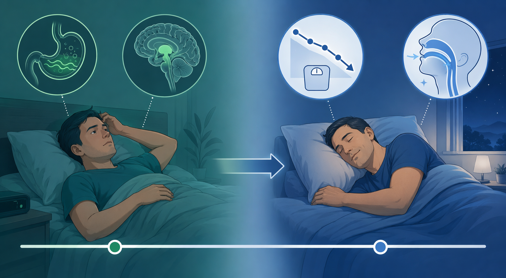 Timeline showing early restless sleep with stomach and brain signals followed by later deep sleep with weight and airway improvement
