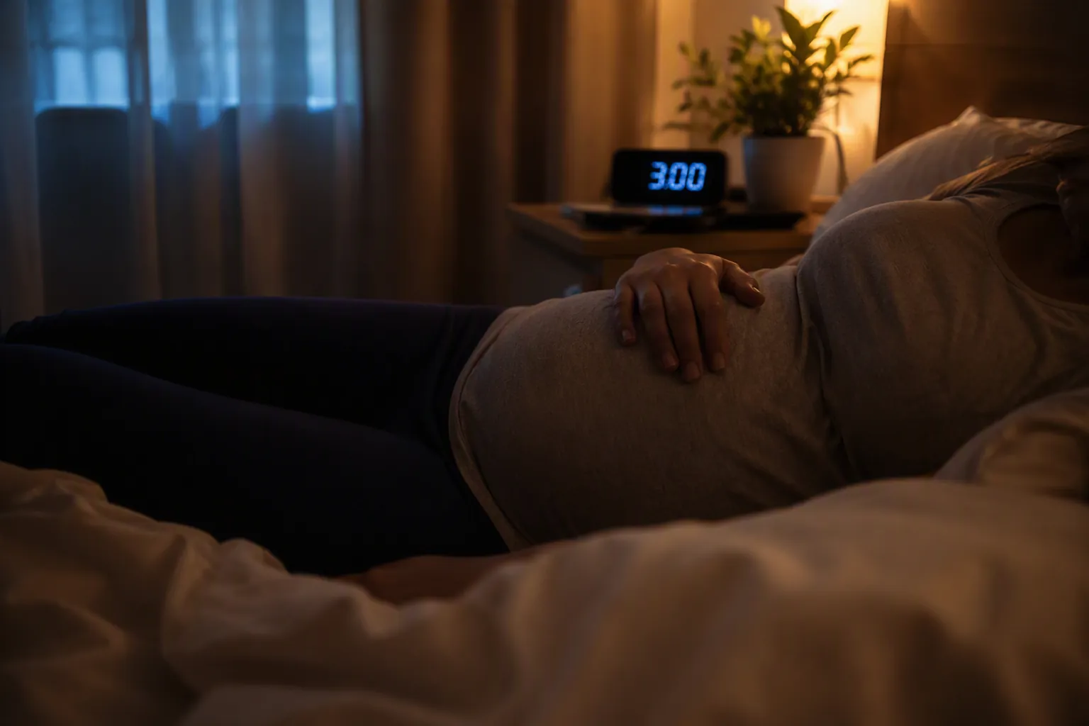 Pregnant woman lying awake at 3:00 AM in a dimly lit bedroom