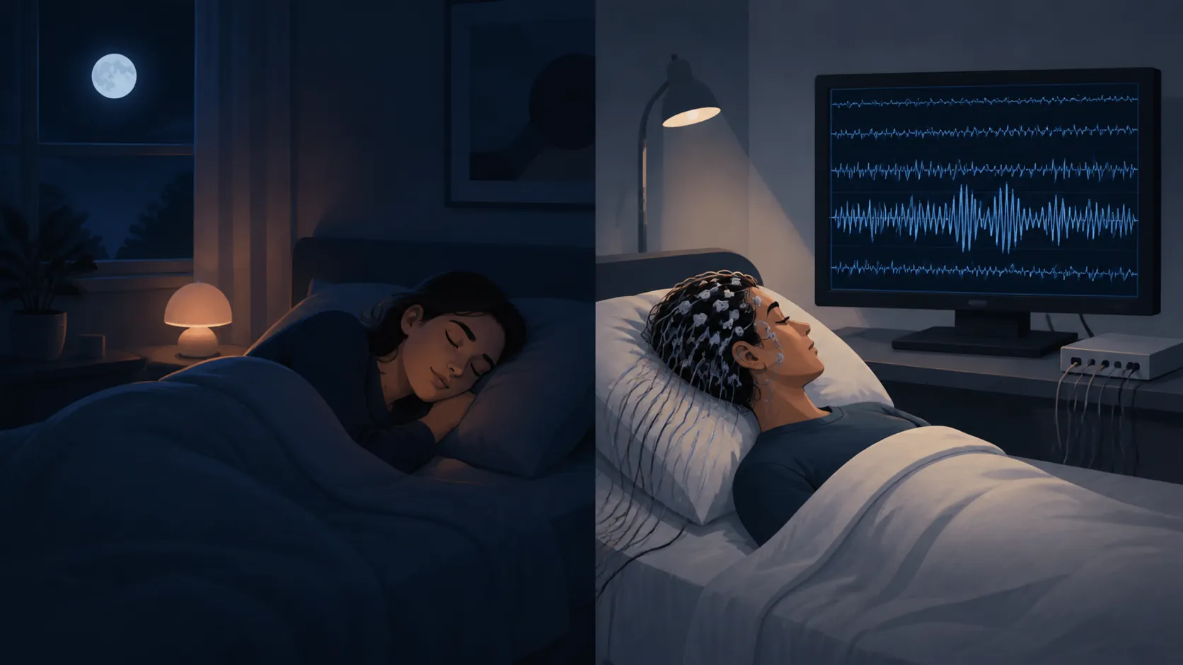 Split scene of peaceful sleep and a clinical sleep lab with brainwave monitoring